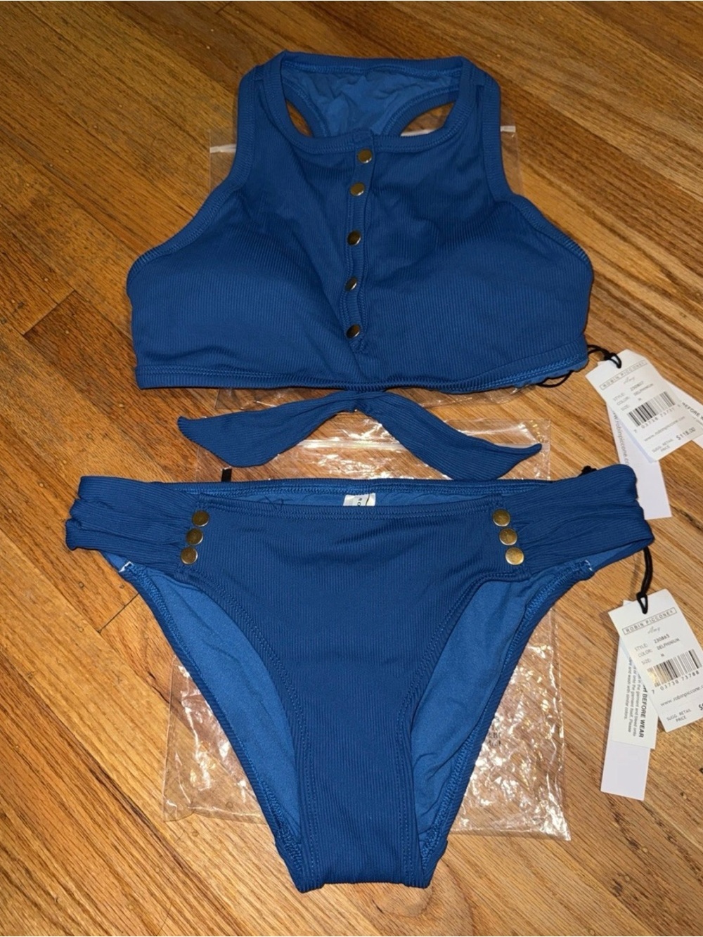 Robin Piccone Deep Blue Ribbed Bikini Set with Gold Buttons